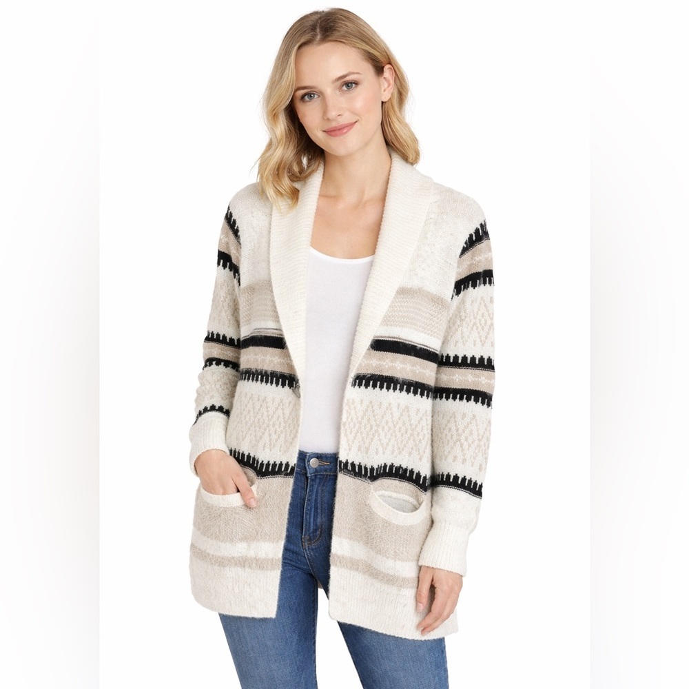 G.H. Bass & Co Size S Sweater Black, Tan and Cream Snap Cardigan Cowl Neck